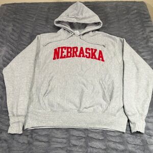Champion Reverse Weave Nebraska Hoodie Mens Large Gray Collegiate Pullover AN243